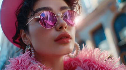 Poster - A woman wearing pink sunglasses and a pink hat. She is smiling and looking at the camera