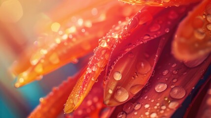 Sticker - A close up of a flower with raindrops on it. The droplets are small and scattered, giving the impression of a light rain. The flower is orange and has a delicate, almost ethereal appearance