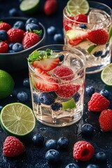 Wall Mural - A glass of fruit punch with strawberries and blueberries. The glass is half full. The fruit is fresh and colorful