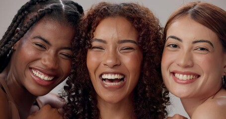 Wall Mural - Women, face and happy in studio for beauty, solidarity and bonding together with hug for laughing. Friends, diversity and inclusion in closeup for natural, support and confidence with community