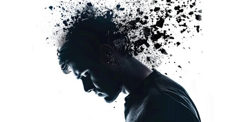 Wall Mural - A man with a beard and a black shirt is standing in front of a white background. The image has a mood of sadness and despair