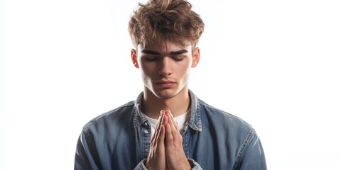 Wall Mural - A young man is praying in a blue jacket. He is looking down and his hands are clasped together