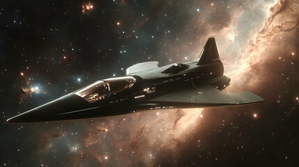 A sleek, streamlined spacecraft traveling through the cosmos, with nebulae and distant stars lighting up its path