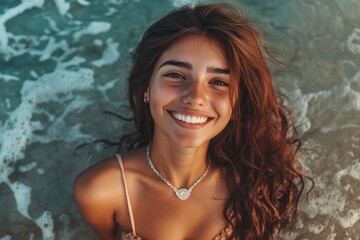 Wall Mural - A woman with long brown hair is smiling and wearing a necklace. She is in the ocean and the water is foamy