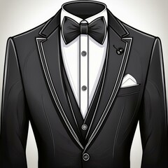 suit with a tie, Black details of a wedding a bow tie, collar, and buttons. Depicts elegance and luxury accessories