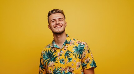 Wall Mural - A man wearing a yellow floral shirt is smiling and looking at the camera. The yellow background adds a bright and cheerful atmosphere to the image