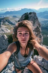 Poster - A woman with long hair is taking a selfie on a mountain. She is wearing a gray tank top and shorts