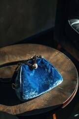 Wall Mural - A blue purse with a gold charm on it sits on a wooden table. The table is made of wood and is located in a room with a chair nearby