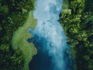 Poster - A beautiful view of a river with a blue sky above it. The water is calm and the trees are lush and green. Concept of tranquility and peace