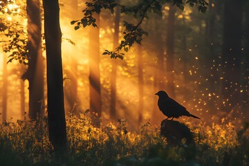 Poster - Silhouette of a Crow in a Golden Forest