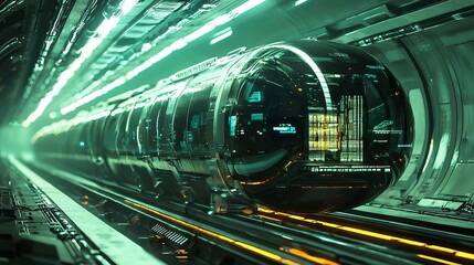 Wall Mural - Futuristic train traveling through a neon lit tunnel.