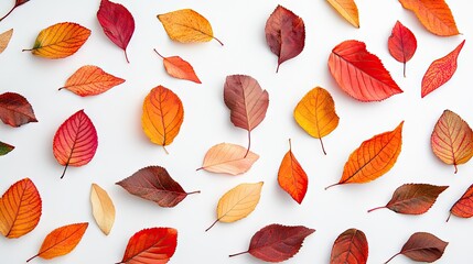 Wall Mural - A scattered arrangement of vibrant autumn leaves on a clean white background, showcasing the warm reds, oranges, and yellows of the fall season