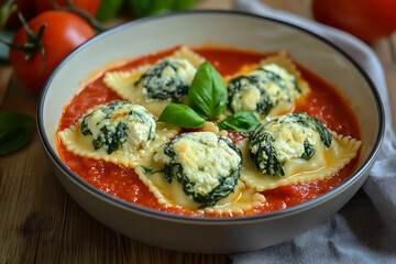 Canvas Print - A bowl of ravioli filled with spinach and ricotta in tomato sauce, garnished with basil.