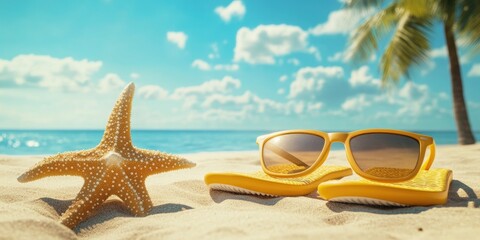 Poster - A yellow starfish sits on the sand next to a pair of sunglasses. The scene is set on a beach, with the ocean in the background. Concept of relaxation and leisure, as the starfish