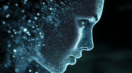 A close-up of a digital human face, made up of tiny glowing pixels, blending into the background