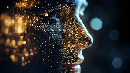 Wall Mural - A close-up of a digital human face, made up of tiny glowing pixels, blending into the background