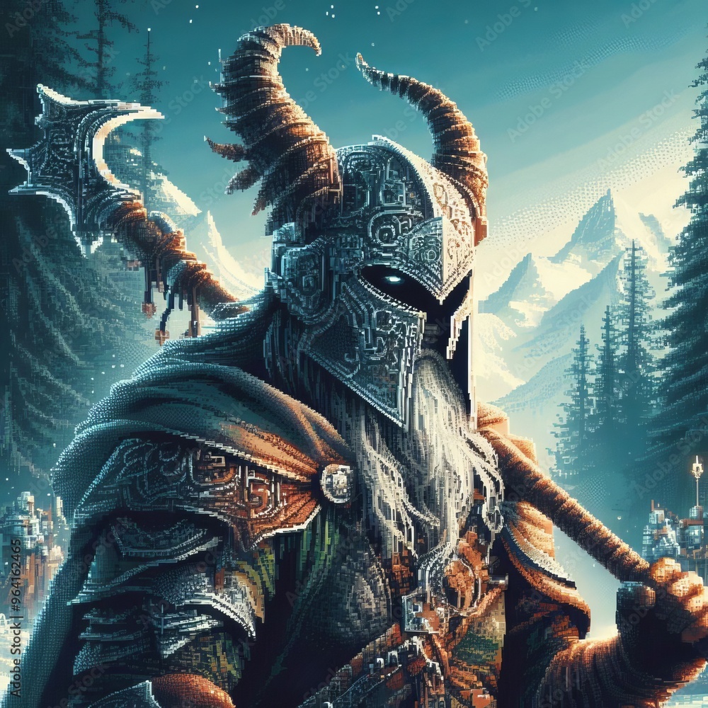 A fierce Viking warrior in detailed armor stands in a snowy forest ...