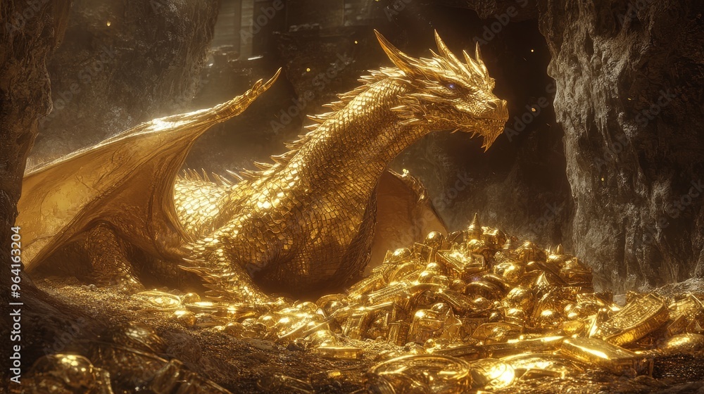 Majestic Golden Dragon Guarding Its Glimmering Hoard of Riches in a ...