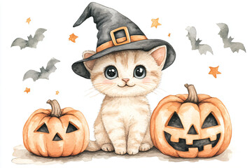 Halloween cute kitten in witch hat on white background. Funny cat sitting on spooky pumpkin jack o lantern. Watercolor cartoon illustration for greeting card, banner, poster