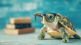 Mały, zielony żółw w okularach na prostym tle studia. Jego zabawny wygląd i inteligentne okulary tworzą urokliwy obraz.