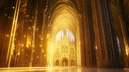 Poster - Golden light shines through the stained glass window of a cathedral.