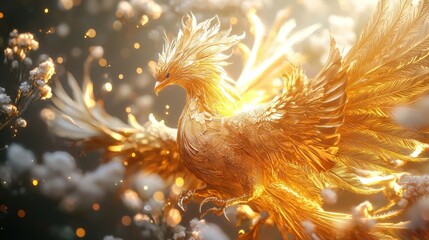 Wall Mural - Golden Phoenix Bird With Wings Spread Out.