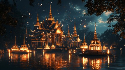 Poster - Golden temple illuminated with floating lanterns on a calm lake at night.