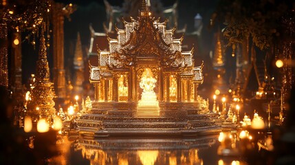 Sticker - Golden temple model with candlelight reflection in water.