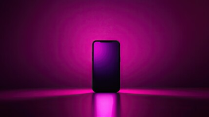 Canvas Print - A sleek smartphone glowing with futuristic light placed centrally on a vibrant purple background, casting subtle shadows, and surrounded by minimalist textures