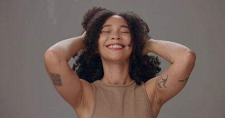 Sticker - Playful, afro haircare and woman with laugh, natural and confidence on grey studio background. Face, happy model and satisfaction with cosmetic, salon grooming and spa treatment for beauty glow