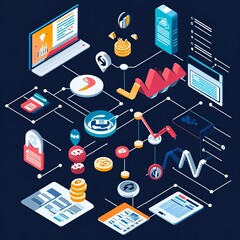 Wall Mural - Isometric Illustration of Financial Technology and Cryptocurrency.