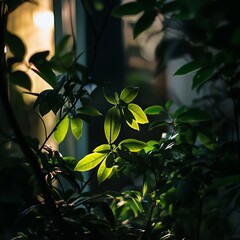 Sticker - Green leaves backlit by the sun shining through a window.