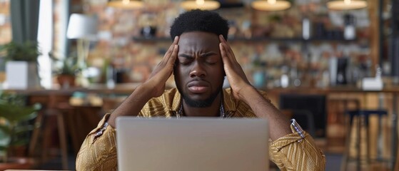 Wall Mural - A tired young African-American man in a cafe wears a yellow shirt, looking stressed while working on his laptop, hinting at a moment of deep focus.