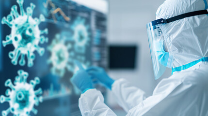 Scientist in protective gear analyzing digital images of virus particles, representing research and diagnostics in a pandemic healthcare environment.