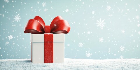 A 3D illustration of a gift box with a large red bow, placed on a snowy surface with snowflakes gently falling in the background