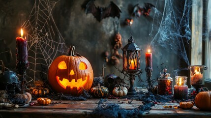 Sticker - Halloween jack-o'-lantern lit with candles and surrounded by spooky decor.