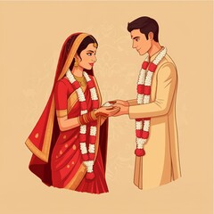 Indian Hindu wedding bride and groom clip art for Indian wedding invitation card background illustration