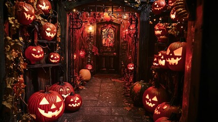 Sticker - Halloween pumpkins lit in a spooky doorway with fall decor.