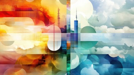 Wall Mural - A picture of a colorful abstract painting with clouds and buildings, AI