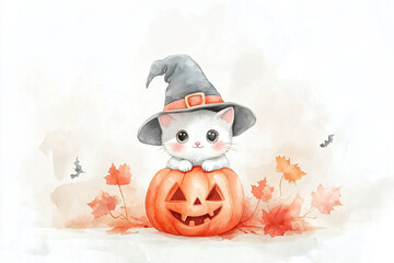 Halloween cute kitten in witch hat on autumn background. Funny cat sitting on spooky pumpkin jack o lantern. Watercolor cartoon illustration for greeting card, banner, poster