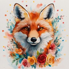 Wall Mural - Watercolor Fox with Flowers.