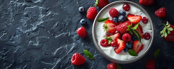 Yogurt with Strawberries, Blueberries, Raspberries, and Mint