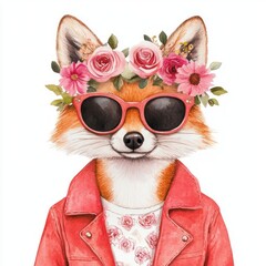 Canvas Print - Fox in Sunglasses and Flower Crown.