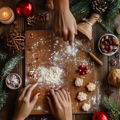 Wall Mural - Hands kneading dough on a wooden board with flour and gingerbread cookies.