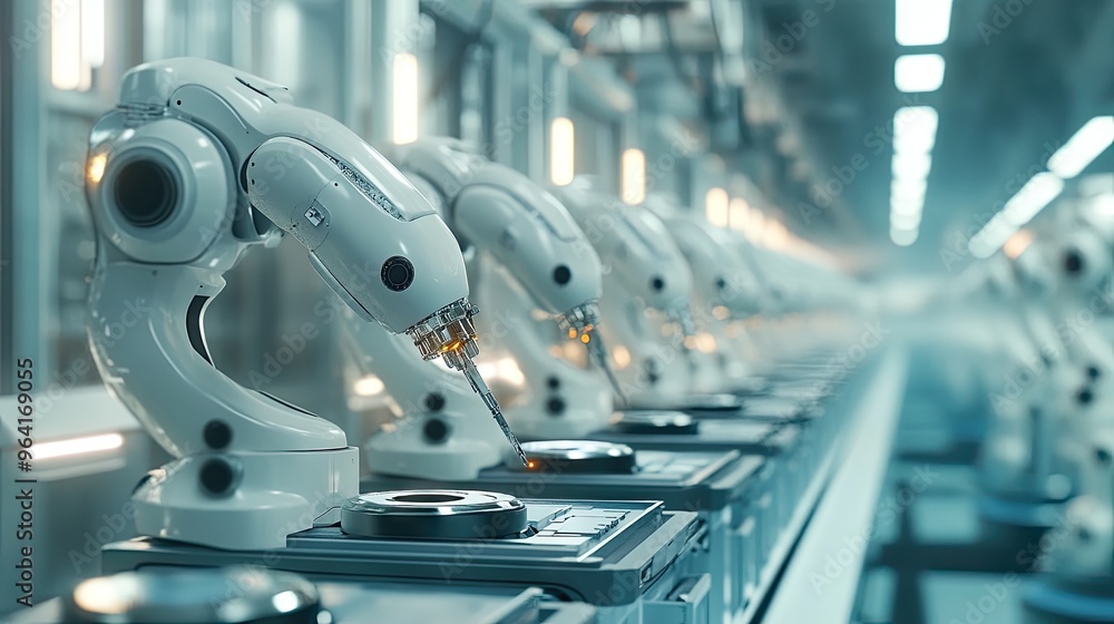 Advanced AI robots operating in a futuristic factory, showcasing ...