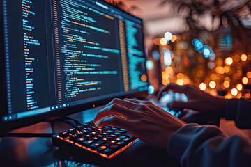 Developer coding late at night with illuminated keyboard