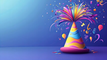 Festive birthday party hat cone with firework on top, isolated background, perfect for festive event decor, new beautiful stock image illustration AI