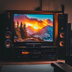 Wall Mural - Home theater system with a large screen TV displaying a scenic sunset over mountains.