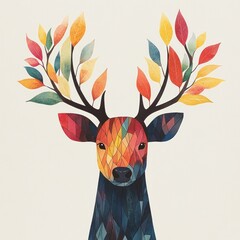 Sticker - Colorful Deer with Autumn Leaves.