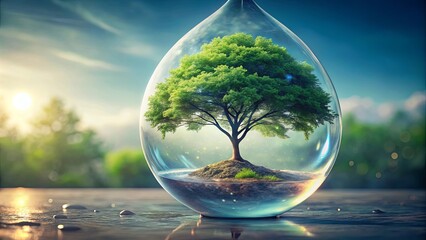 A surreal image of a drop of water containing a miniature tree inside